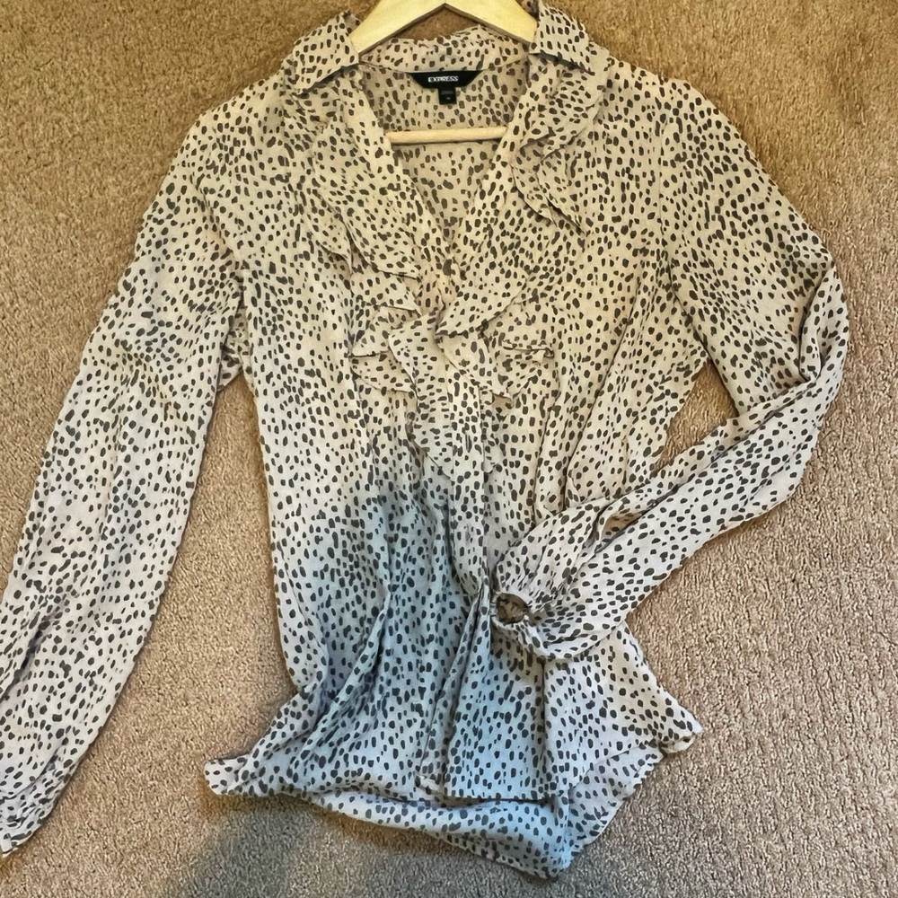 Express Cream and Black Ruffled Button Down Shirt